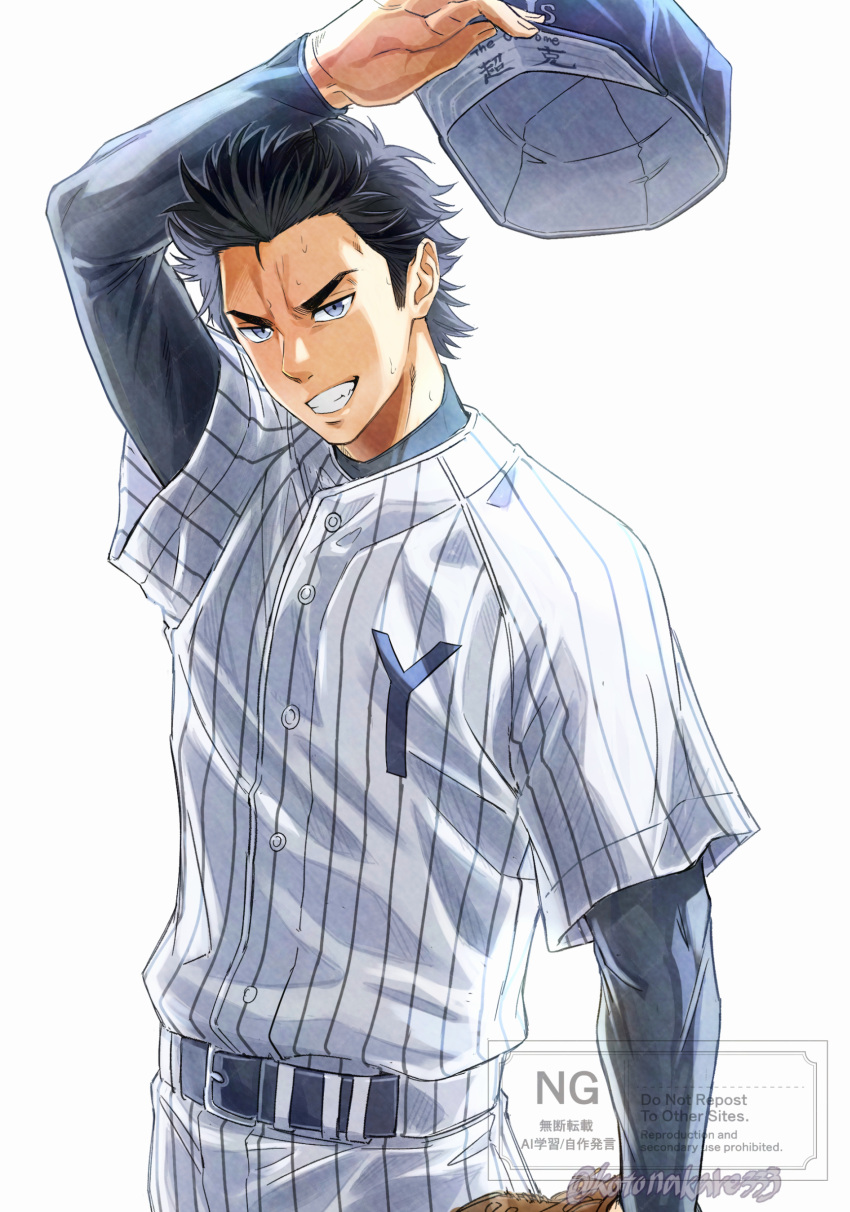 1boy, absurdres, ace_of_diamond, arm_up, baseball_cap, baseball_mitt, baseball_uniform, belt