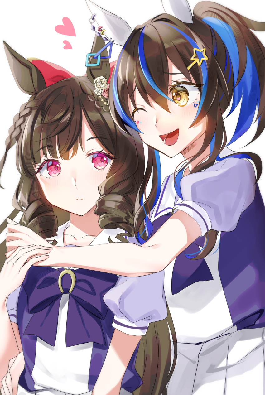 2girls, animal_ears, blue_hair, blush, bow, bowtie, braid, brown_hair