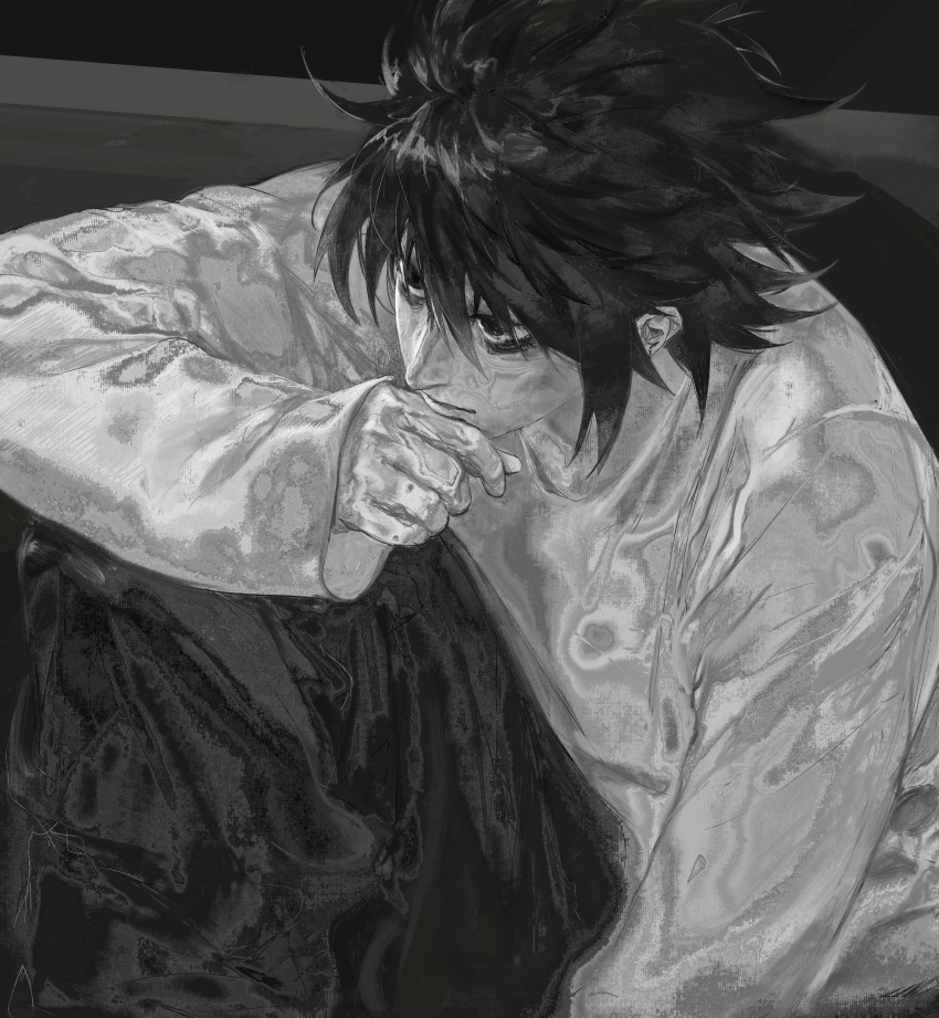 1boy, absurdres, arm_on_knee, bags_under_eyes, closed_mouth, commentary, death_note, english_commentary, fieroo, greyscale, hand_on_own_chin, highres, knee_up, l_(death_note), lips, long_sleeves, male_focus, monochrome, nose, short_hair, sitting, solo