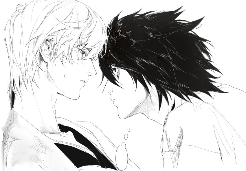 2boys, adam's_apple, bags_under_eyes, blank_speech_bubble, closed_mouth, commentary_request, death_note, eye_contact