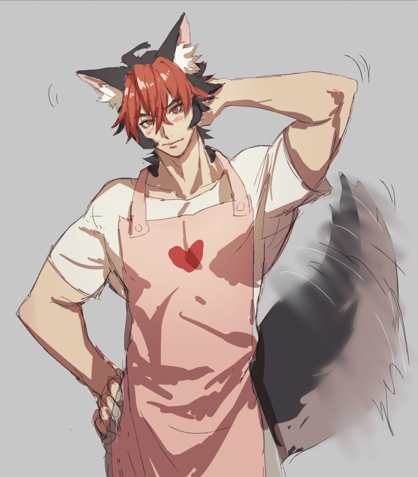 1boy, animal_ears, apron, arm_behind_head, black_hair, blush, dog_boy, dog_ears