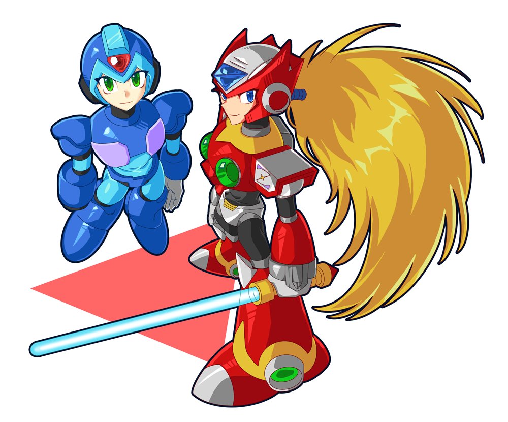 2boys, arm_cannon, armor, blonde_hair, blue_eyes, chest_jewel, energy_sword, forehead_jewel, full_body, g_nm_k, green_eyes, helmet, holding, holding_sword, holding_weapon, long_hair, male_focus, mega_man_(series), mega_man_x_(series), multiple_boys, red_armor, red_helmet, simple_background, standing, sword, weapon, white_background, x_(mega_man), z_saber, zero_(mega_man)