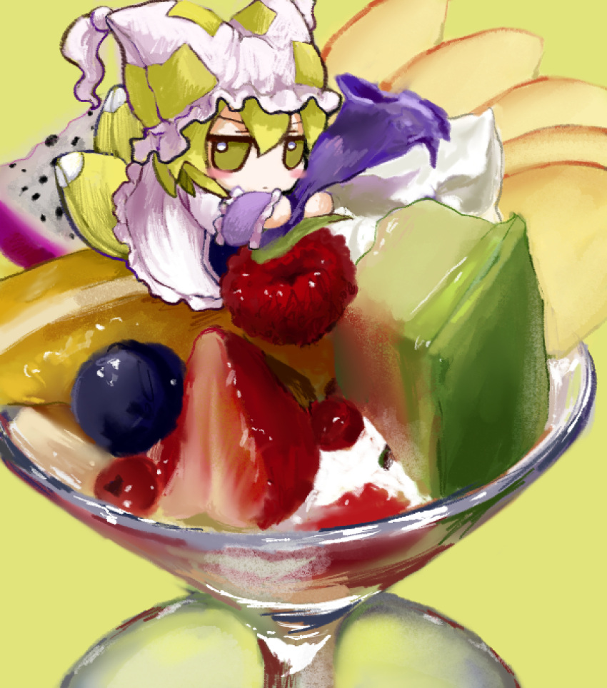 1girl, blonde_hair, dress, food, food_focus, fox_tail, fruit, fruit_salad