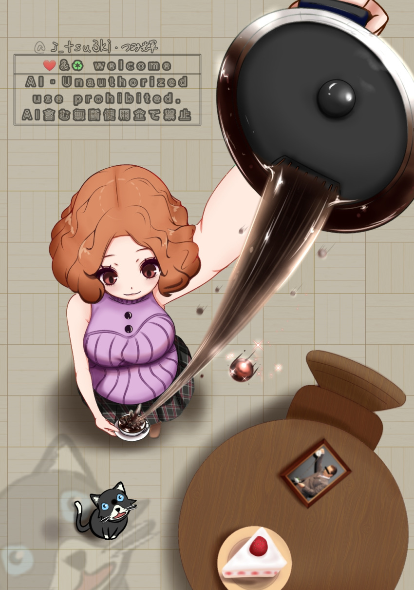 1girl, breasts, brown_eyes, cake, cake_slice, cat, coffee, coffee_mug