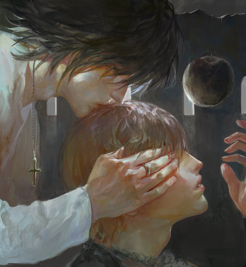 2boys, absurdres, adam's_apple, alternate_universe, black_apple, black_hair, brown_hair, chain