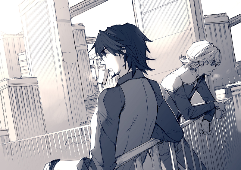 cup, facial_hair, glasses, jacket, kaburagi_t_kotetsu, kazunon, male, monochrome, mouth_hold, multiple_boys, necktie, short_hair, skyscrapers, stubble, tiger_&amp;_bunny, vest, watch, wristwatch