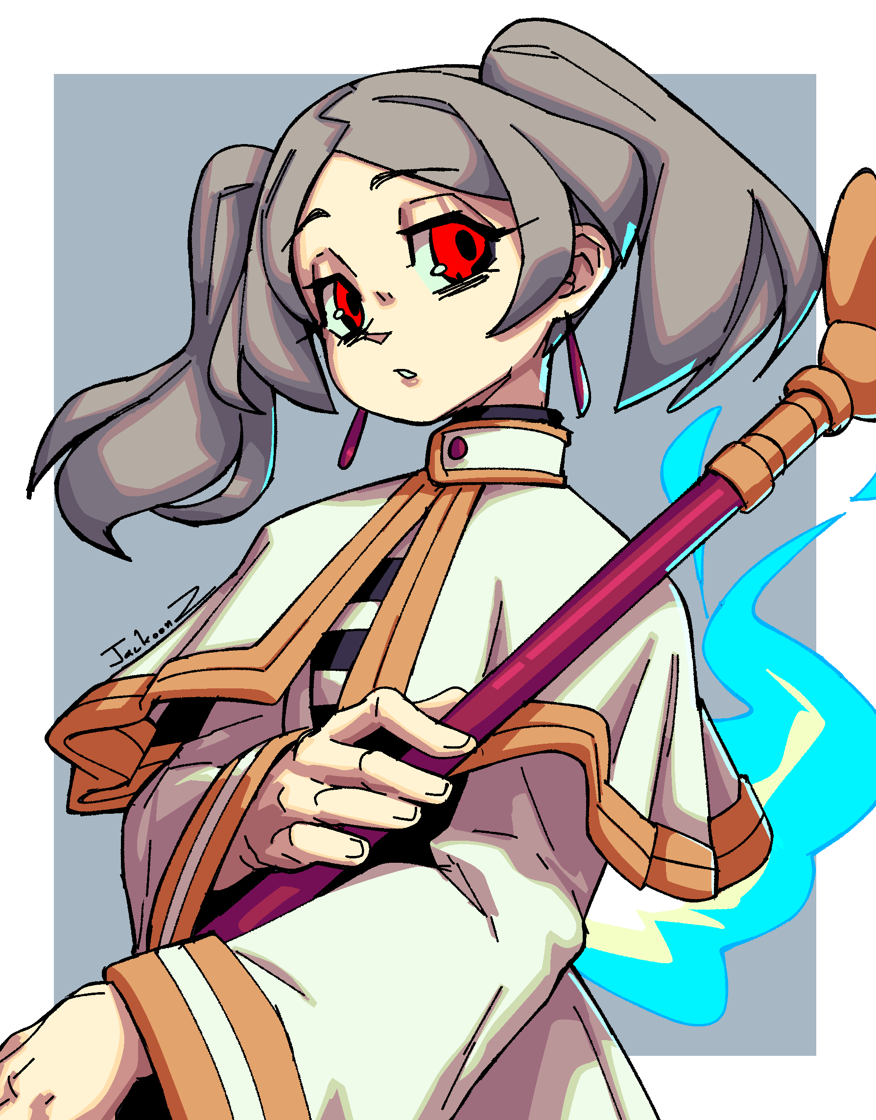 1girl, bloody_marie_(skullgirls), border, cloak, commentary, cosplay, earrings, english_commentary, frieren, frieren_(cosplay), gold_trim, grey_hair, highres, holding, holding_weapon, jackoonz, jewelry, looking_at_viewer, outside_border, parted_lips, red_eyes, signature, skullgirls, solo, sousou_no_frieren, staff, standing, twintails, upper_body, weapon, white_border