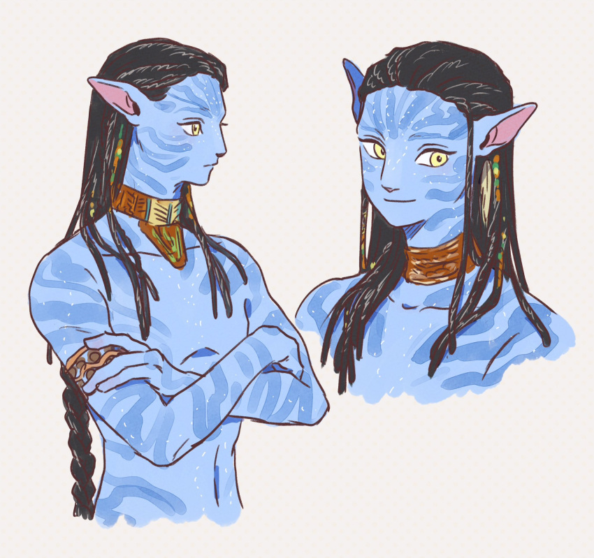 1boy, armlet, beads, black_hair, blue_skin, body_markings, braid, colored_skin, cropped_torso, crossed_arms, dreadlocks, grey_background, hair_beads, hair_ornament, highres, james_cameron's_avatar, jewelry, long_hair, male_focus, monster_boy, multiple_views, natsuko_sub02, neteyam, single_braid, upper_body, very_long_hair, yellow_eyes