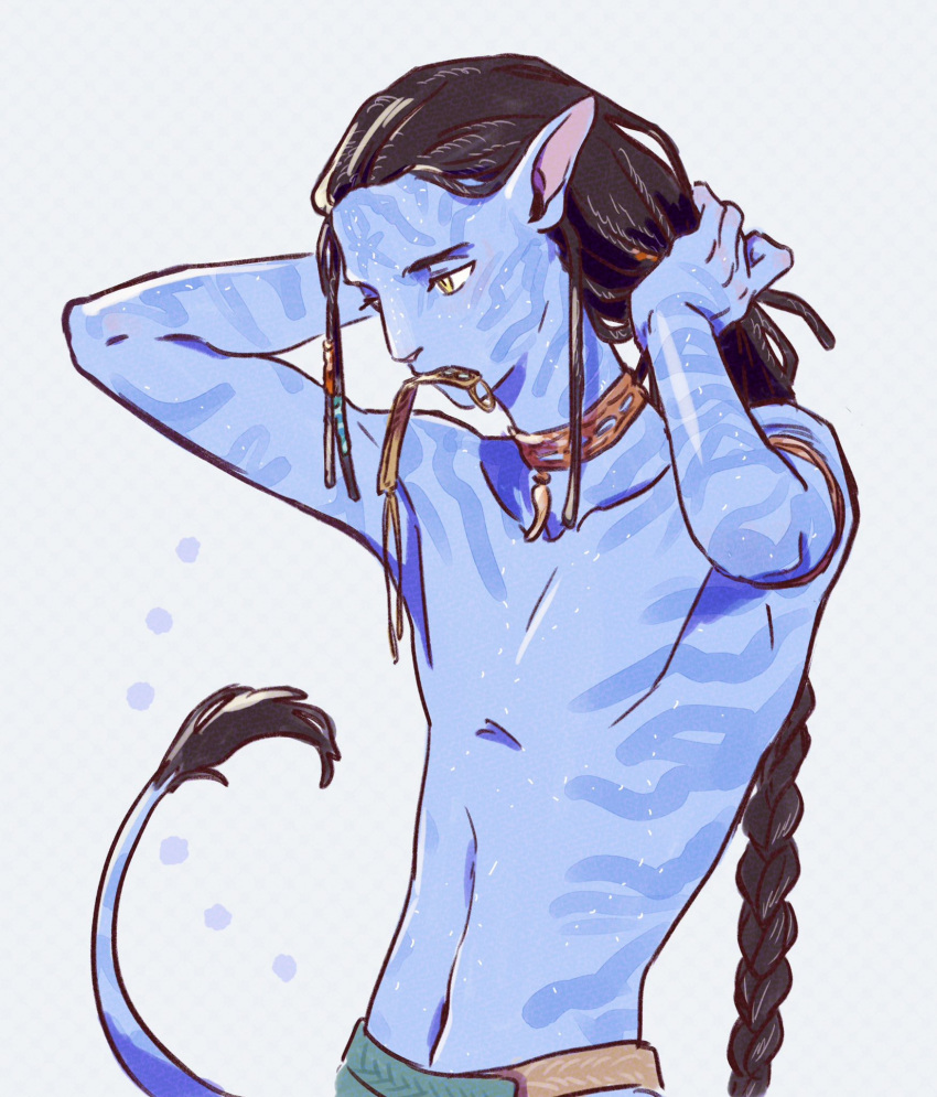 1boy, beads, black_hair, blue_background, blue_skin, body_markings, braid, colored_skin, commentary_request, dreadlocks, fur-tipped_tail, hair_beads, hair_ornament, highres, james_cameron's_avatar, lo'ak, loincloth, long_hair, looking_to_the_side, male_focus, monster_boy, mouth_hold, natsuko_sub02, single_braid, solo, tail, topless_male, tying_hair, upper_body, very_long_hair, yellow_eyes