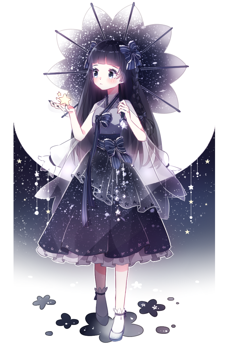 1girl, adapted_costume, bare_arms, black_hair, blue_bow, blue_bowtie, blue_eyes, blue_kimono