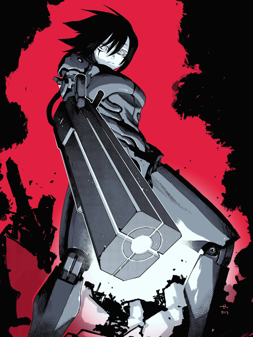 1girl, aiming, aiming_at_viewer, android, arm_cannon, armor, black_armor, black_hair, blame!, cable, colored_skin, energy_cannon, expressionless, facial_mark, feet_out_of_frame, from_below, full_body, graviton_beam_emitter, greyscale, hair_between_eyes, highres, joints, looking_at_viewer, looking_down, manabu_yashiro, mark_under_both_eyes, monochrome, red_background, robot_joints, sanakan, short_hair, solo, standing, weapon, white_skin