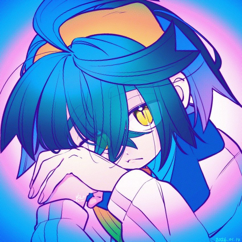 1boy, 4lily, black_hair, blue_shirt, closed_mouth, collared_shirt, commentary_request, crossed_bangs