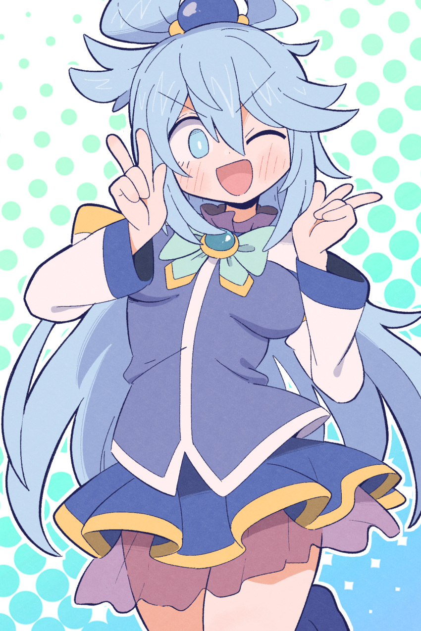 1girl, ahoge, aqua_(konosuba), arms_up, blue_background, blue_bow, blue_bowtie, blue_eyes
