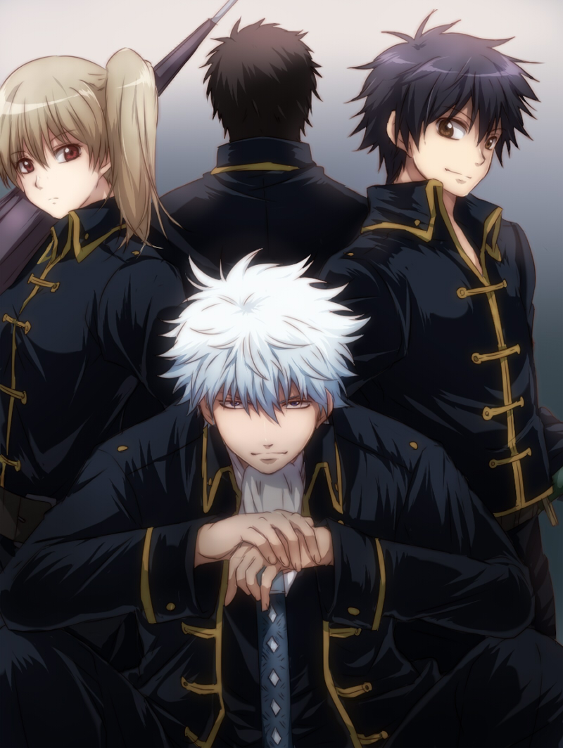 4boys, back, bad_id, black_hair, blue_eyes, brown_eyes, brown_hair, cravat, genderswap, gintama, hijikata_toshirou, katana, kondou_isao, male, maruki_(punchiki), multiple_boys, okita_sougo, punchiki, sakata_gintoki, shimura_shinpachi, short_hair, silver_hair, sword, umbrella, uniform, weapon