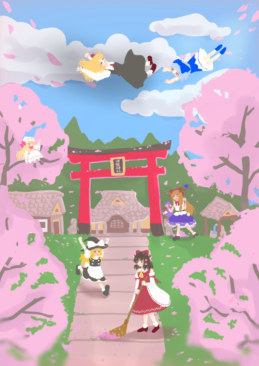 6+girls, angry, apron, ascot, belt, black_belt, black_dress, black_hat, black_shoes, black_skirt, black_vest, blonde_hair, blue_bow, blue_eyes, blue_hair, blue_ribbon, blue_shoes, blue_skirt, blue_vest, blush, bow, bowtie, broom, brown_eyes, brown_hair, bush, buttons, chain, cherry, cherry_blossoms, cirno, closed_mouth, clouds, commentary, contrast_collar, detached_sleeves, dress, drooling, falling_petals, floating, flying, food, footwear_bow, frilled_hair_tubes, frilled_shirt_collar, frilled_skirt, frills, fruit, gourd, grass, hair_bow, hair_ribbon, hair_tubes, hakurei_reimu, hat, hat_bow, highres, holding, holding_broom, holding_gourd, horn_ornament, horn_ribbon, horns, ibuki_suika, kirisame_marisa, lily_white, long_hair, long_sleeves, medium_hair, multiple_girls, open_mouth, outdoors, petals, red_ascot, red_bow, red_bowtie, red_ribbon, red_shirt, red_shoes, red_skirt, rgley, ribbon, rumia, running, shirt, shoes, short_hair, shrine, skirt, sleeping, sleeve_ribbon, socks, standing, torii, touhou, tree, very_long_hair, vest, waist_apron, walking, well, white_apron, white_bow, white_dress, white_hat, white_shirt, white_sleeves, white_socks, wings, witch_hat, yellow_eyes