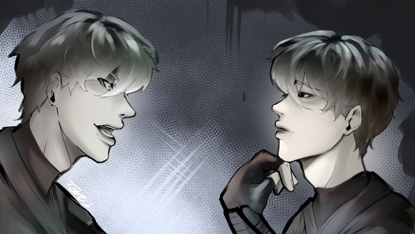 2boys, absurdres, aegyo_sal, black_eyes, black_gloves, black_hair, black_tunic, clone