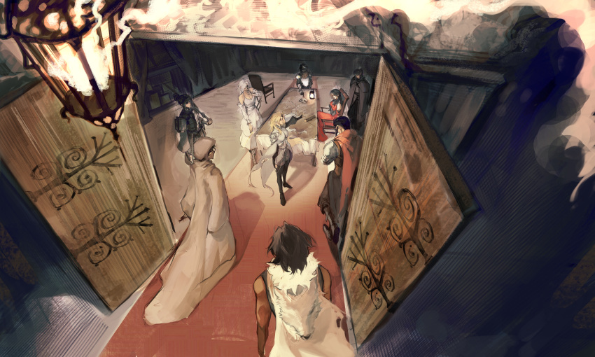 absurdres, annotation_request, beastmaster_(shadow_slave), carpet, character_request, commentary, commission, dress