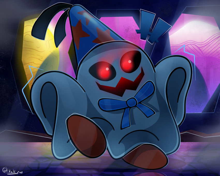 +++, black_sclera, blue_hat, colored_sclera, commentary, doopliss, full_body, ghost, glowing, glowing_eyes, hat, highres, no_humans, open_mouth, paper_mario, paper_mario:_the_thousand-year_door, print_hat, red_eyes, sheet_ghost, signature, smile, solo, standing, standing_on_one_leg, star_(symbol), star_print, super_mario_bros., vivavizor