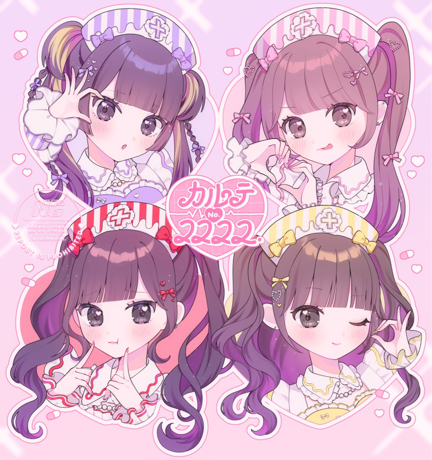 4girls, black_hair, bow, brown_hair, chiba_yuna, colored_inner_hair, hair_bow, half-heart_hands