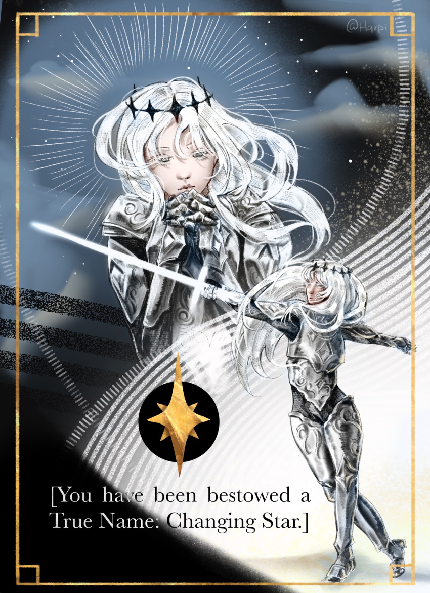1girl, armor, breastplate, contrapposto, crown, full_body, grey_eyes, halo, halo_behind_head, highres, holding, holding_sword, holding_weapon, hqrp, long_hair, multiple_views, nephis_(shadow_slave), night, outstretched_arm, own_hands_clasped, own_hands_together, shadow_slave, shoulder_armor, sword, weapon, white_hair, wind, wind_lift