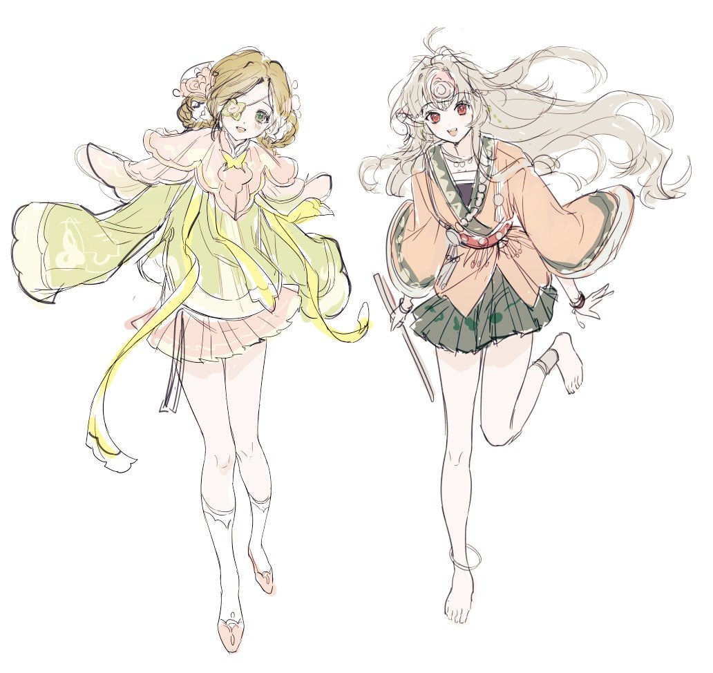 2girls, :d, aima_(reverse:1999), alternate_costume, anklet, barefoot, bracelet, braid