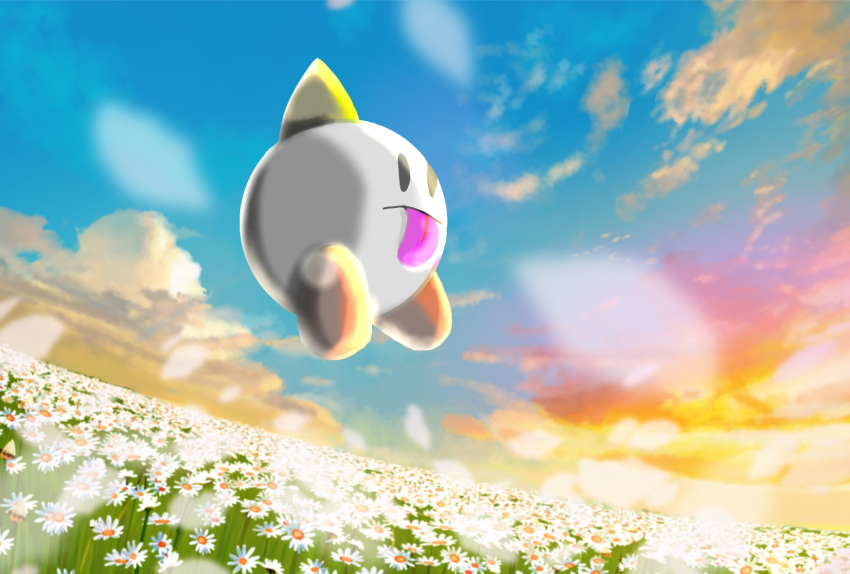 blue_sky, blurry, blurry_foreground, clouds, commentary_request, dizzy_(kirby), field, flower