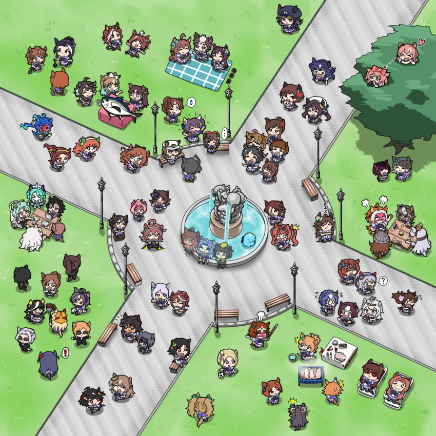 6+girls, ^^^, agnes_digital_(umamusume), air_shakur_(umamusume), algol_(umamusume), almond_eye_(umamusume), animal_ears, bamboo_memory_(umamusume), bench, biwa_hayahide_(umamusume), blast_onepiece_(umamusume), blue_hair, blush, brown_hair, byerley_turk_(umamusume), calstone_light_o_(umamusume), cesario_(umamusume), character_request, commentary_request, cooking, daiichi_ruby_(umamusume), daitaku_helios_(umamusume), daiwa_scarlet_(umamusume), daring_heart_(umamusume), daring_tact_(umamusume), darley_arabian_(umamusume), dream_journey_(umamusume), durandal_(umamusume), fenomeno_(umamusume), fish, fountain, fuji_kiseki_(umamusume), full-face_blush, gentildonna_(umamusume), glasses, godolphin_barb_(umamusume), gold_ship_(umamusume), grey_hair, grilling, haru_urara_(umamusume), hat, highres, holding, holding_shovel, horse_ears, horse_girl, inari_one_(umamusume), jungle_pocket_(umamusume), kitasan_black_(umamusume), long_hair, matikanefukukitaru_(umamusume), mecha_umamusume_st-2_(umamusume), mejiro_bright_(umamusume), mejiro_dober_(umamusume), mejiro_mcqueen_(umamusume), mejiro_palmer_(umamusume), mejiro_ramonu_(umamusume), mejiro_ryan_(umamusume), mihono_bourbon_(umamusume), mole, mole_under_eye, multicolored_hair, multiple_girls, nakayama_festa_(umamusume), narita_brian_(umamusume), narita_taishin_(umamusume), narita_top_road_(umamusume), nishino_flower_(umamusume), oguri_cap_(umamusume), orfevre_(umamusume), pink_hair, pokemon, pokemon_(creature), quagsire, rhein_kraft_(umamusume), rice_shower_(umamusume), riverlake778078, running, sakura_bakushin_o_(umamusume), satono_diamond_(umamusume), school_uniform, seiun_sky_(umamusume), shinai, shinko_windy_(umamusume), shovel, silence_suzuka_(umamusume), sleeping, special_week_(umamusume), spoken_sweatdrop, stay_gold_(umamusume), streaked_hair, sugar_lights_(umamusume), super_creek_(umamusume), sweatdrop, sword, symboli_kris_s_(umamusume), tamamo_cross_(umamusume), tokai_teio_(umamusume), top_hat, tracen_school_uniform, tree, twin_turbo_(umamusume), twintails, umamusume, umamusume:_beginning_of_a_new_era, vivlos_(umamusume), vodka_(umamusume), weapon, winning_ticket_(umamusume), zenno_rob_roy_(umamusume), zzz