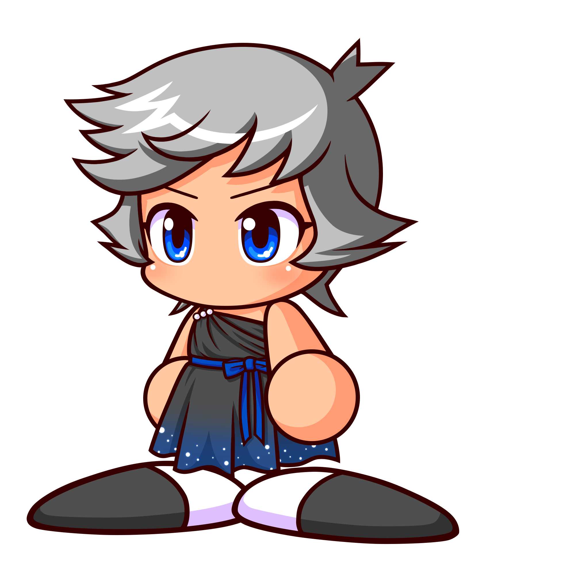 1girl, artist_request, black_dress, black_shoes, blue_eyes, dress, grey_hair, highres