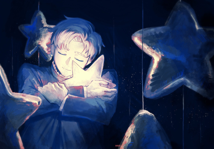 1boy, artist_name, blonde_hair, blue_jacket, chi.:_chikyuu_no_undou_ni_tsuite, closed_eyes, closed_mouth, commentary