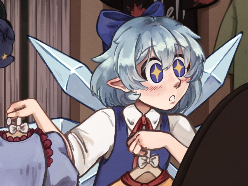 +_+, 1girl, :o, blue_bow, blue_eyes, bow, cirno, clothes_hanger