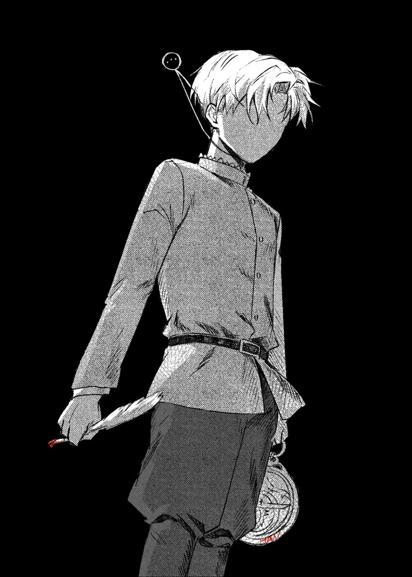 1boy, belt, black_background, chi.:_chikyuu_no_undou_ni_tsuite, faceless, faceless_male, greyscale, han_orb