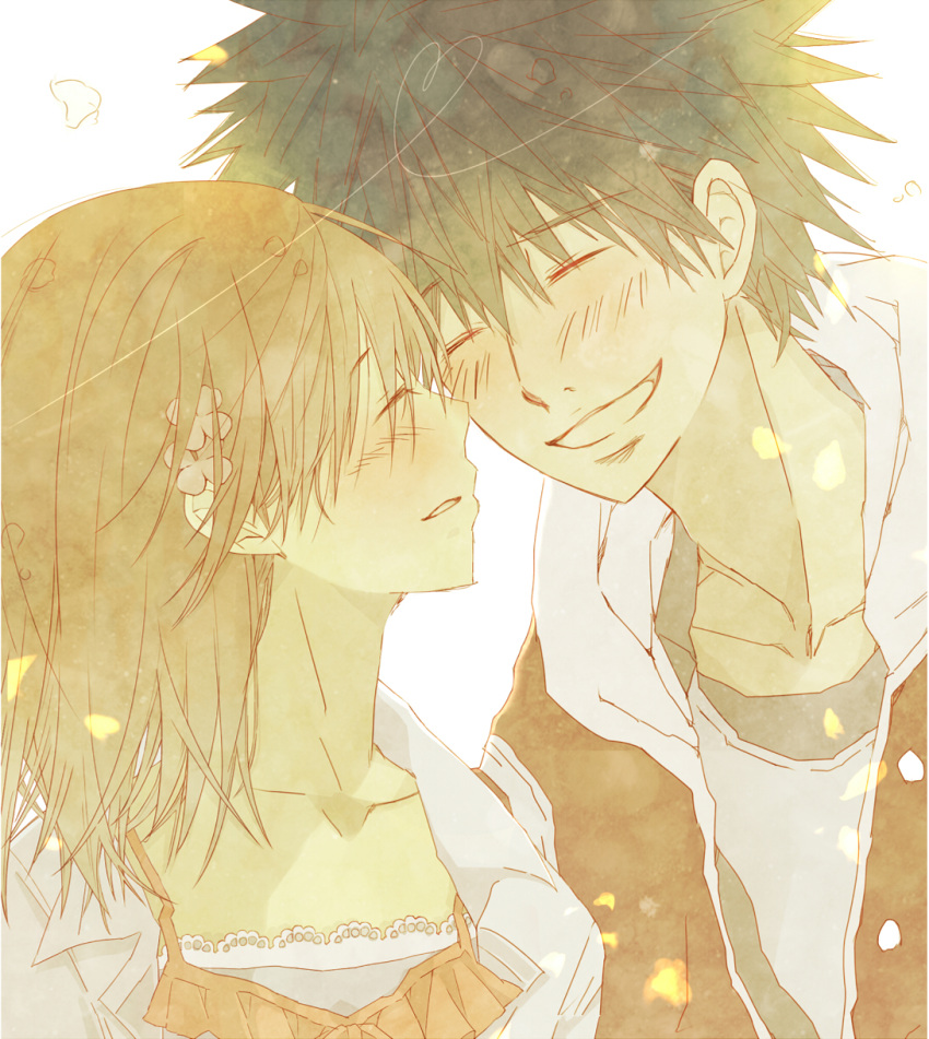 1girl, black_hair, brown_hair, casual, closed_eyes, couple, eyes_closed, highres