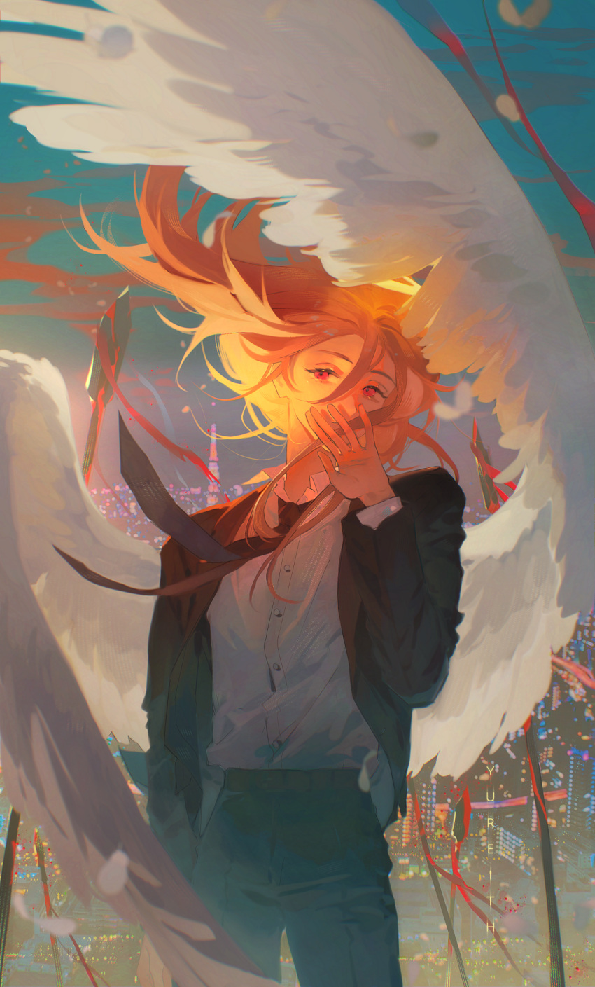 1boy, androgynous, angel, angel_devil_(chainsaw_man), angel_wings, black_jacket, black_necktie, business_suit