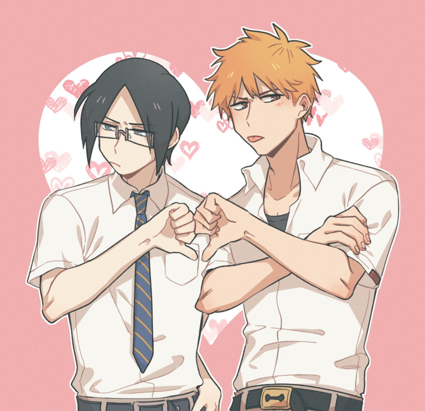 2boys, averting_eyes, belt, black_belt, black_hair, black_shirt, bleach, blue_necktie, closed_mouth, collared_shirt, diagonal-striped_clothes, diagonal-striped_necktie, dwbidu, heart, heart_hands, highres, ishida_uryuu, korean_commentary, kurosaki_ichigo, male_focus, multiple_boys, necktie, orange_hair, parted_bangs, pocket, rectangular_eyewear, semi-rimless_eyewear, shirt, shirt_tucked_in, short_hair, striped_clothes, thumbs_down, thumbs_down_heart_hands, tongue, tongue_out, upper_body, white_shirt