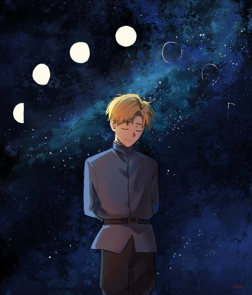 1boy, arms_behind_back, belt, black_belt, black_pants, blonde_hair, blue_jacket, buttons, chi.:_chikyuu_no_undou_ni_tsuite, closed_eyes, closed_mouth, han_orb, highres, jacket, male_focus, moon_phases, pants, rafal_(chi.), short_hair, solo, space, standing