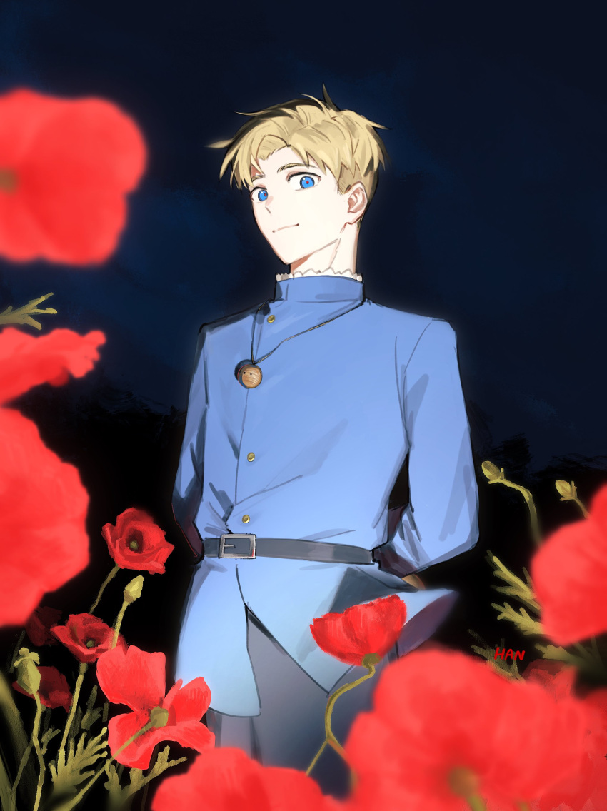 1boy, absurdres, arms_behind_back, belt, black_pants, blonde_hair, blue_eyes, blue_jacket