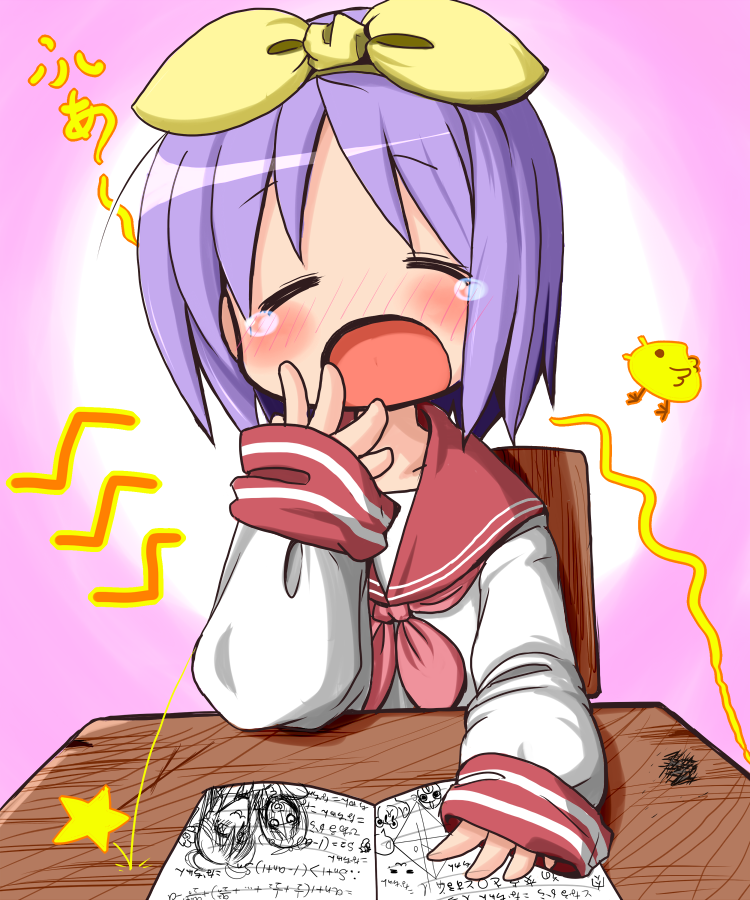closed_eyes, eyes_closed, hiiragi_tsukasa, kanizawa_kinu, lucky_star, purple_hair, school_uniform, serafuku