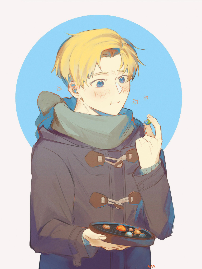 1boy, alternate_costume, black_coat, blonde_hair, blue_eyes, blush, candy, chi.:_chikyuu_no_undou_ni_tsuite