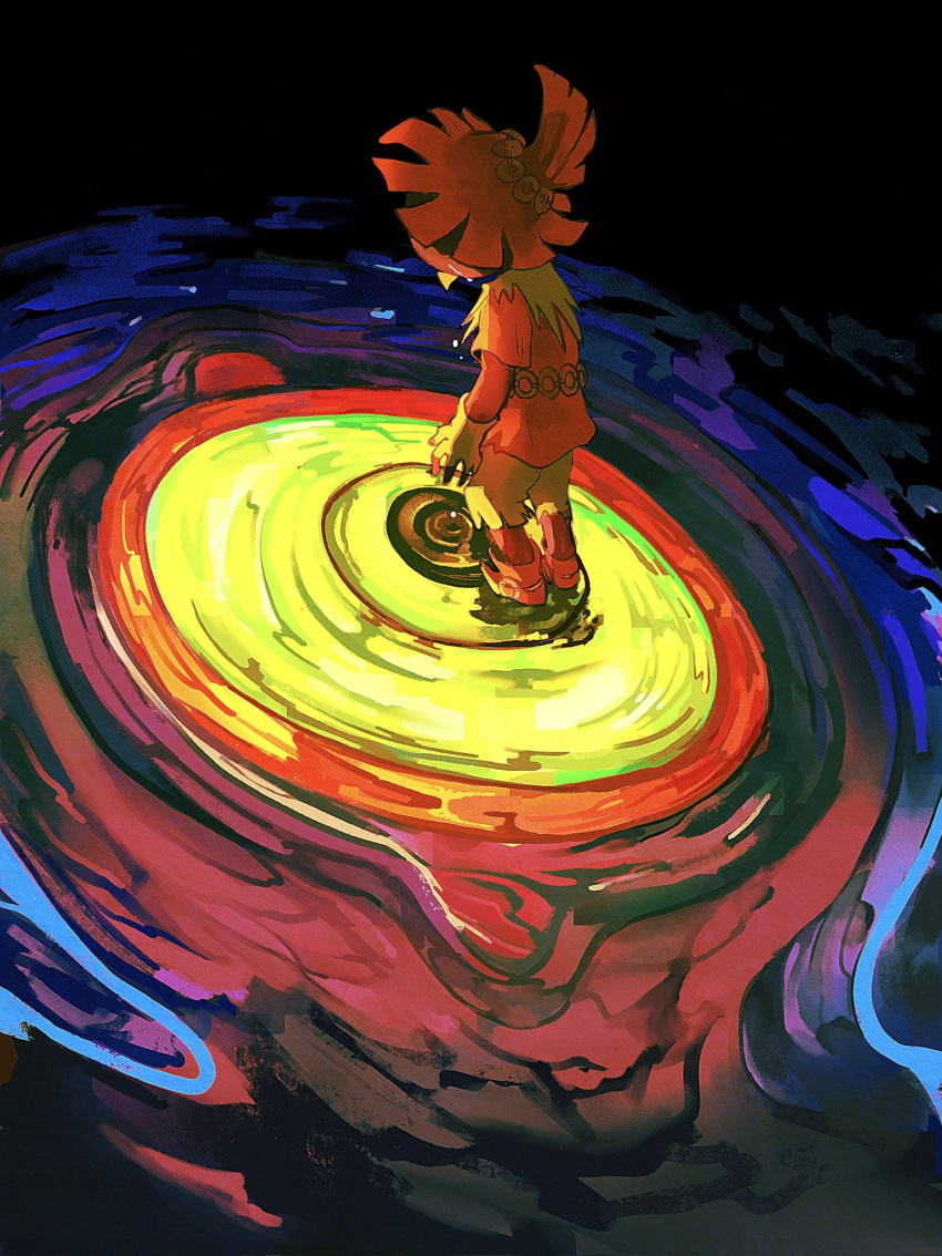 1boy, beak, disembodied_eye, fingerless_gloves, gloves, green_shorts, hat, highres, majora_(zelda), nasagina, red_shirt, shirt, shoes, short_sleeves, shorts, skull_kid, the_legend_of_zelda, the_legend_of_zelda:_majora's_mask