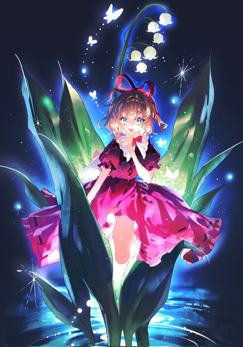 1girl, black_shirt, blonde_hair, blue_eyes, bow, bubble_skirt, bug, butterfly, flower, frilled_shirt, frilled_shirt_collar, frilled_skirt, frilled_sleeves, frills, full_body, highres, legs, lily_of_the_valley, looking_at_viewer, medicine_melancholy, noriko_222, open_mouth, puffy_short_sleeves, puffy_sleeves, red_bow, red_ribbon, red_skirt, ribbon, shirt, short_hair, short_sleeves, skirt, smile, touhou
