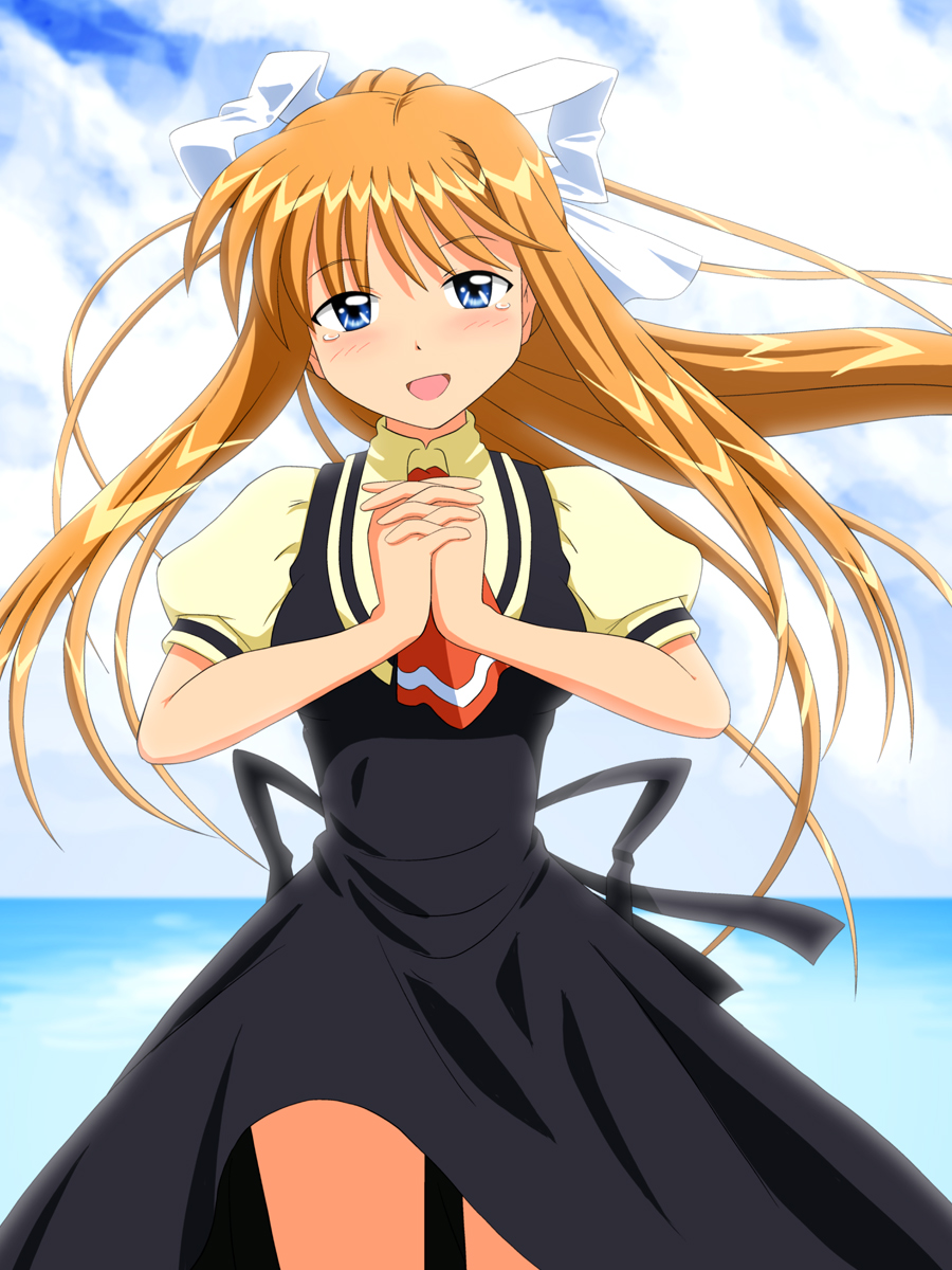blonde_hair, blue_eyes, hands_clasped, highres, hiraizumi_(mugenkidousha), kamio_misuzu, kawakami_tomoko, long_hair