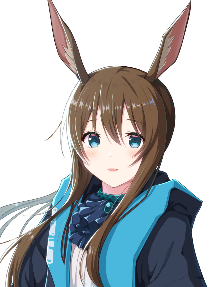 1girl, :d, amiya_(arknights), animal_ears, arknights, ascot, black_ascot, black_jacket