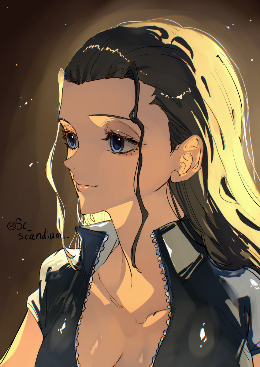 1girl, absurdres, black_hair, blue_eyes, closed_mouth, commentary, eyelashes, hair_slicked_back