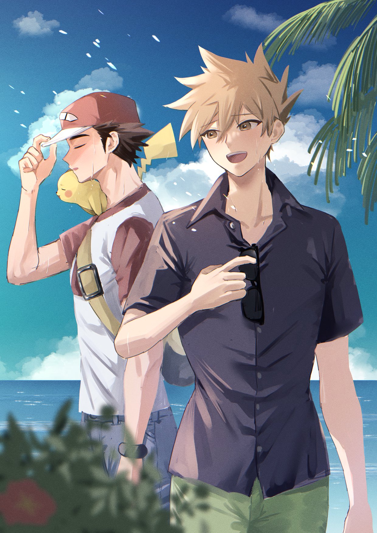 2boys, bag, black_shirt, blue_oak, blue_pants, brown_eyes, brown_hair, buttons