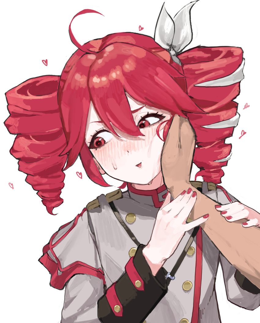 1girl, absurdres, ahoge, blush, bow, buttons, cheek_squash, commentary, double-breasted, drill_hair, grey_jacket, hand_on_another's_face, heart, highres, jacket, kasane_teto, mirumiruchan, red_eyes, red_hair, red_nails, twin_drills, twintails, vocaloid, white_background, white_bow