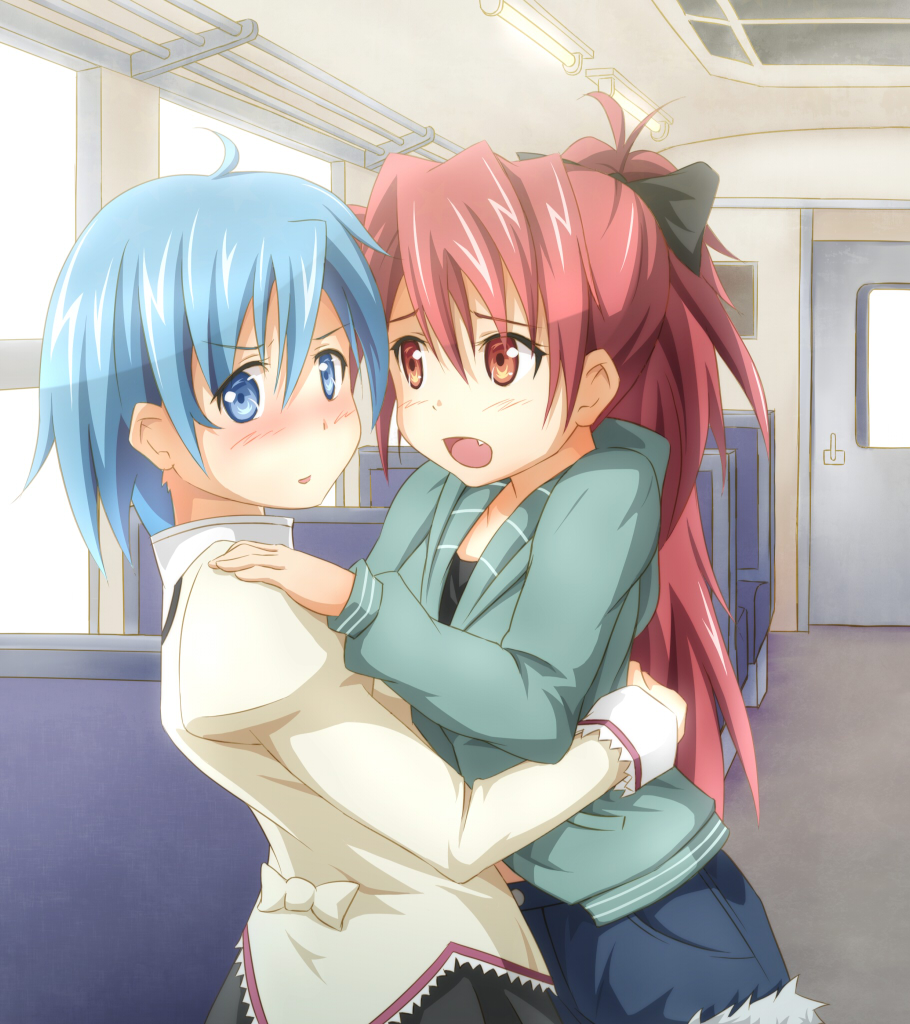 blue_hair, fang, mahou_shoujo_madoka_magica, miki_sayaka, onsen_(riai), ponytail, red_eyes, red_hair