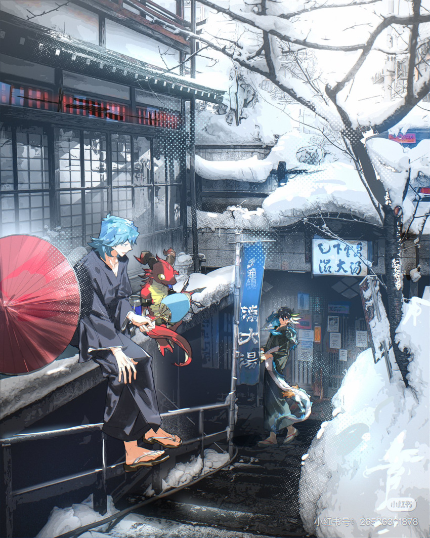 2boys, 99ki5, banner, black_hair, black_kimono, blue_hair, bruno_(yu-gi-oh!), building