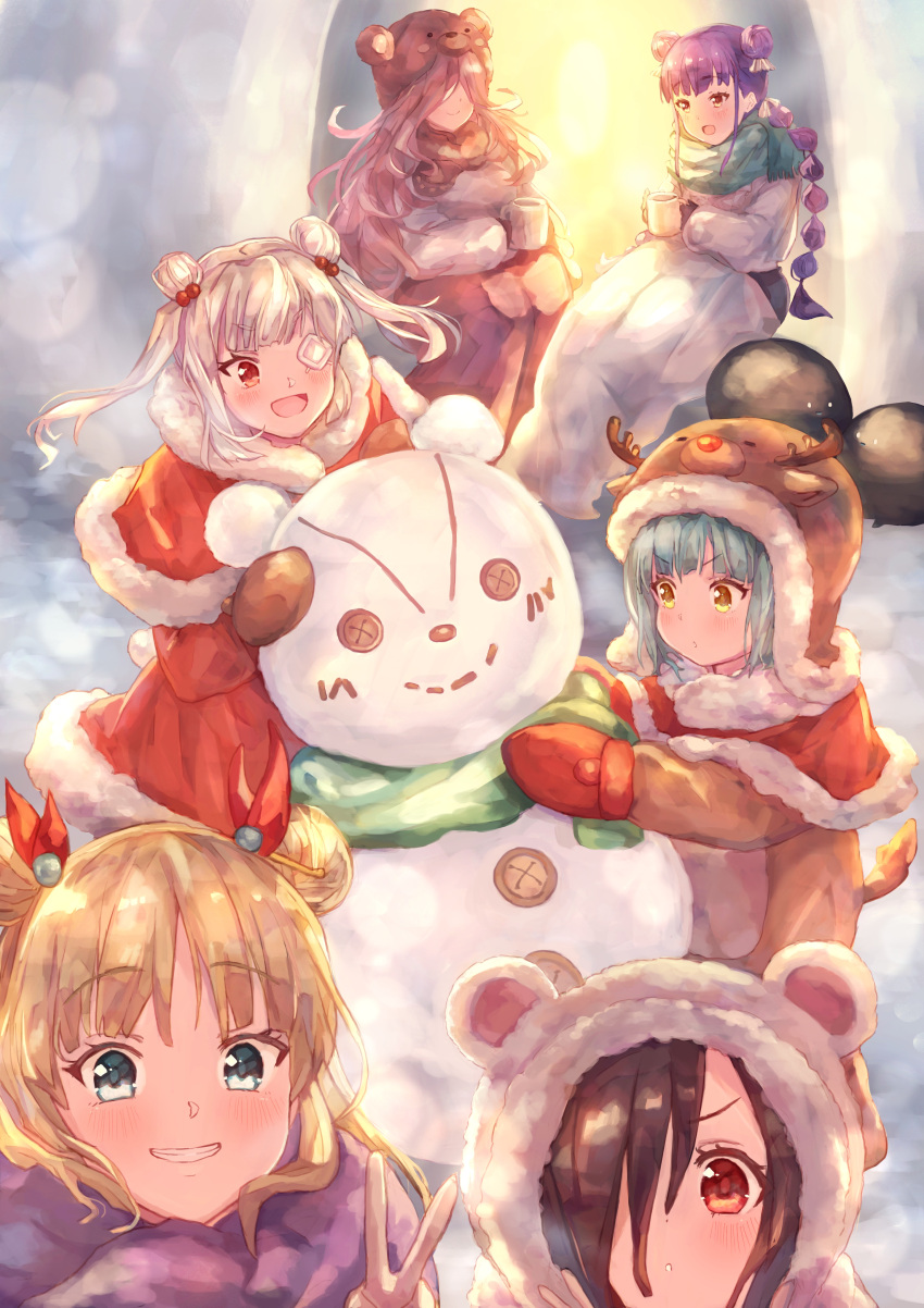 6+girls, absurdres, black_hair, blonde_hair, blue_eyes, building_snowman, bungo_yayoi, coffee_mug