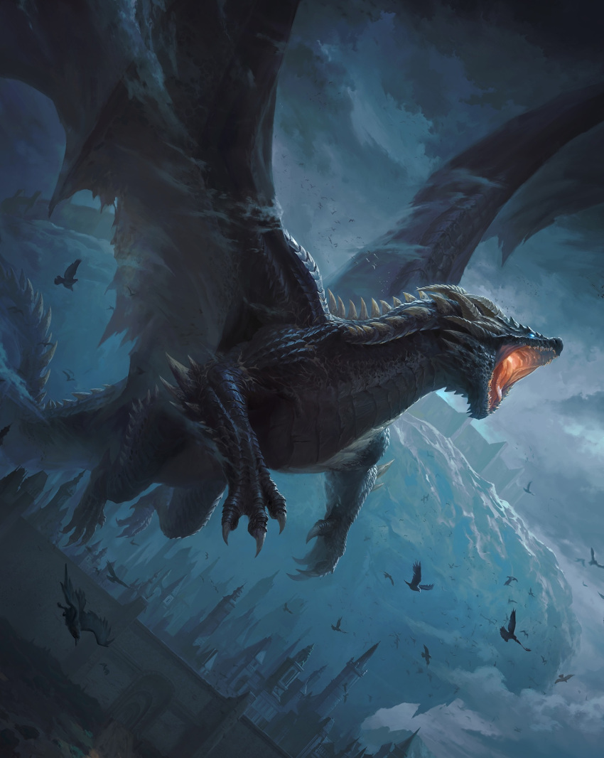 animal, bird, black_scales, city, claws, clouds, cloudy_sky, dragon, dragon_horns, dragon_tail, dragon_wings, eragon, fantasy, flying, grey_sky, highres, horns, joshua_raphael, night, no_humans, open_mouth, outdoors, scales, second-party_source, sharp_teeth, shruikan_(eragon), sky, spiked_tail, tail, teeth, tongue, wings