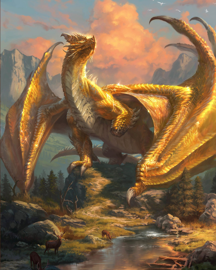 amputee, animal, claws, clouds, cloudy_sky, deer, dragon, dragon_horns